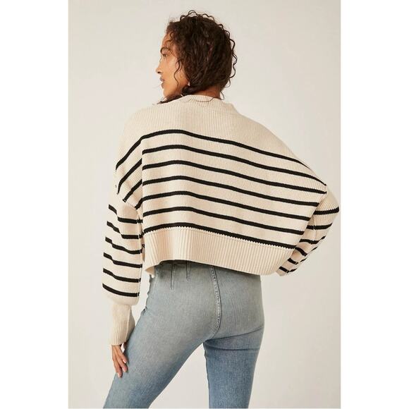Free People Easy Street Stripe Crop Pullover Large Cream Black  Coastal Preppy - Picture 15 of 16